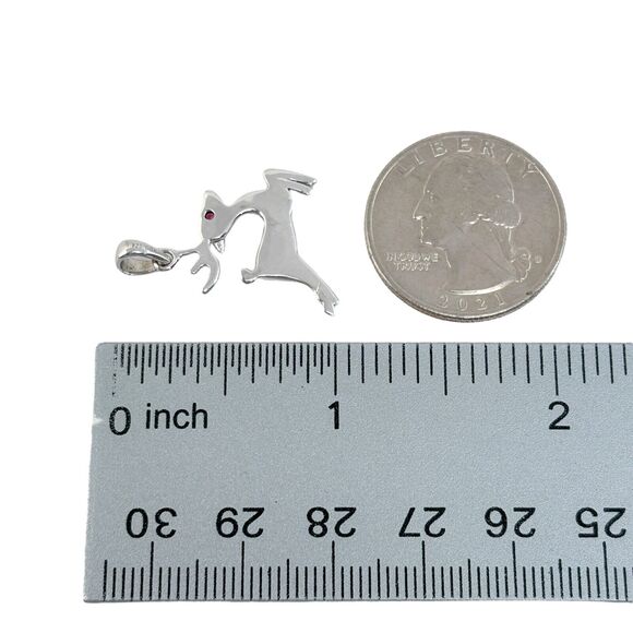 Lab Created Ruby Christmas Reindeer Pendant | Vintage Sterling Silver 925 - Picture 3 of 6